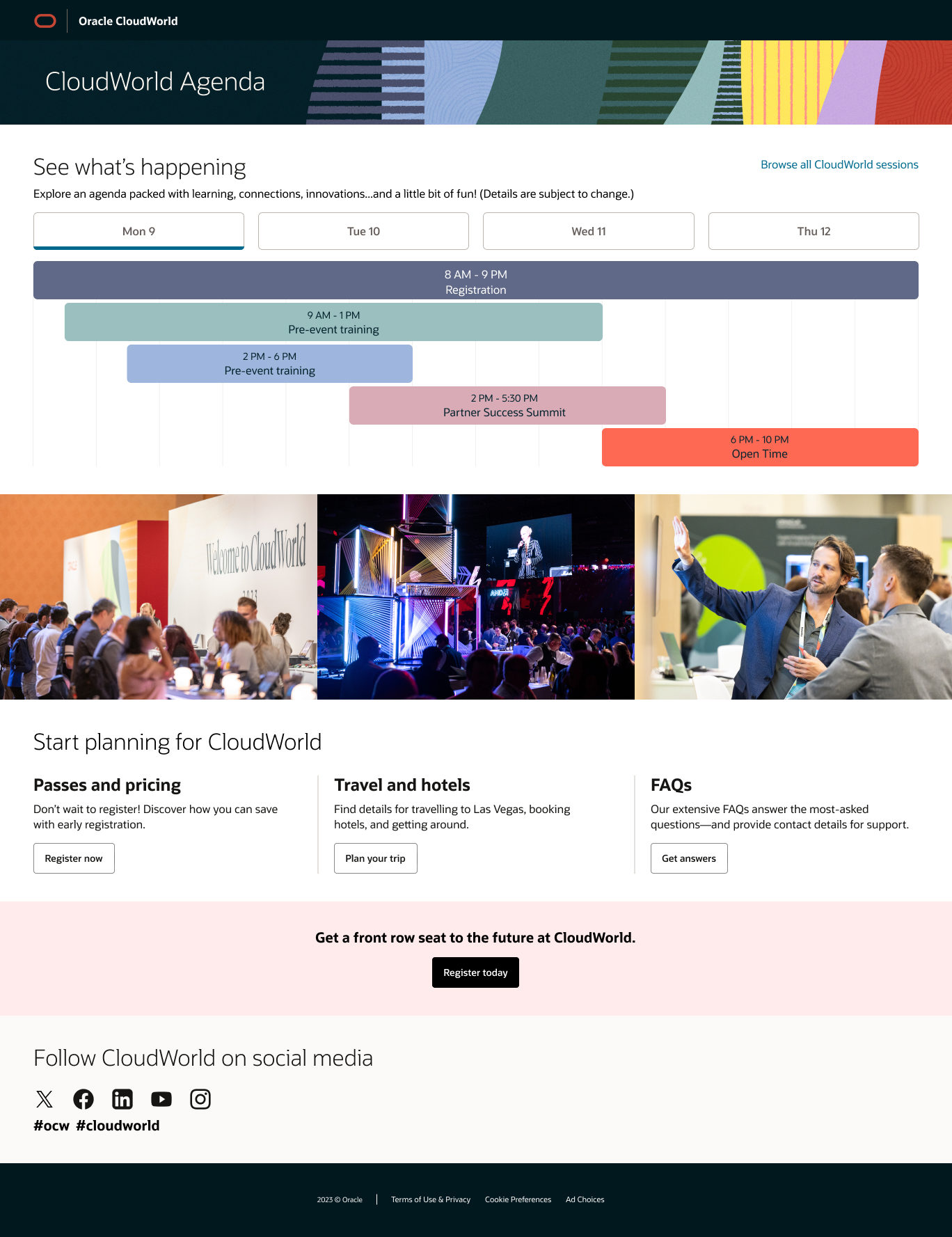 The CloudWorld conference agenda, showing the redesigned session grid