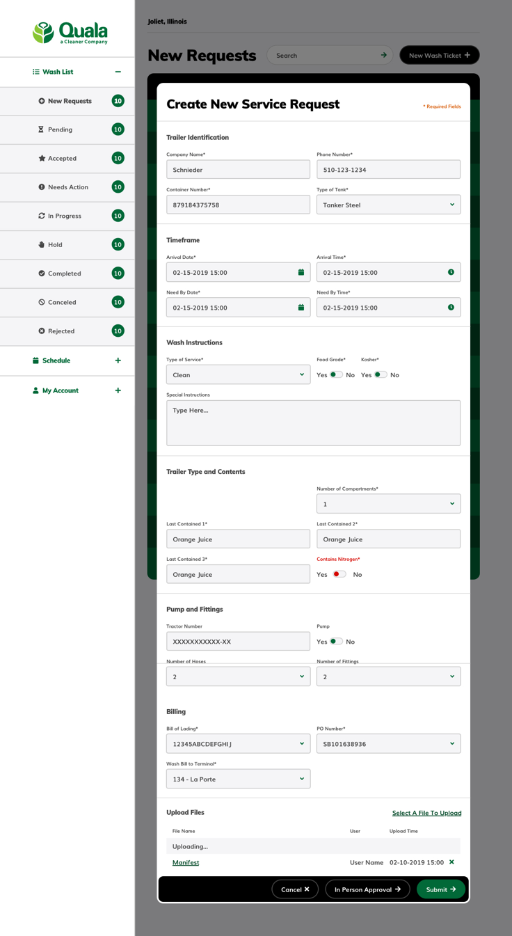 The OnTrax dashboard, listing wash requests and their current status