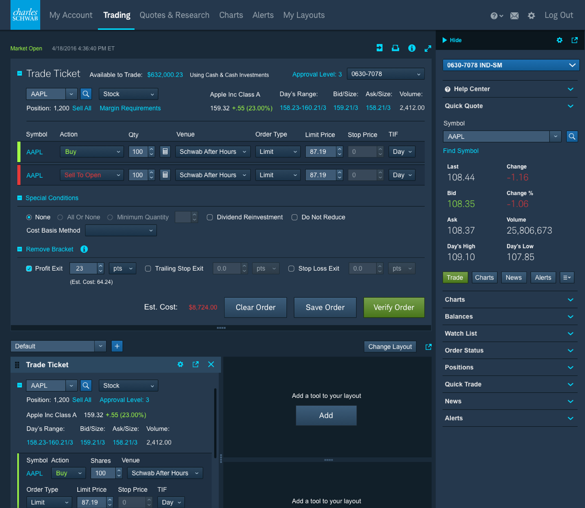 A dark trading terminal interface built for Charles Schwab